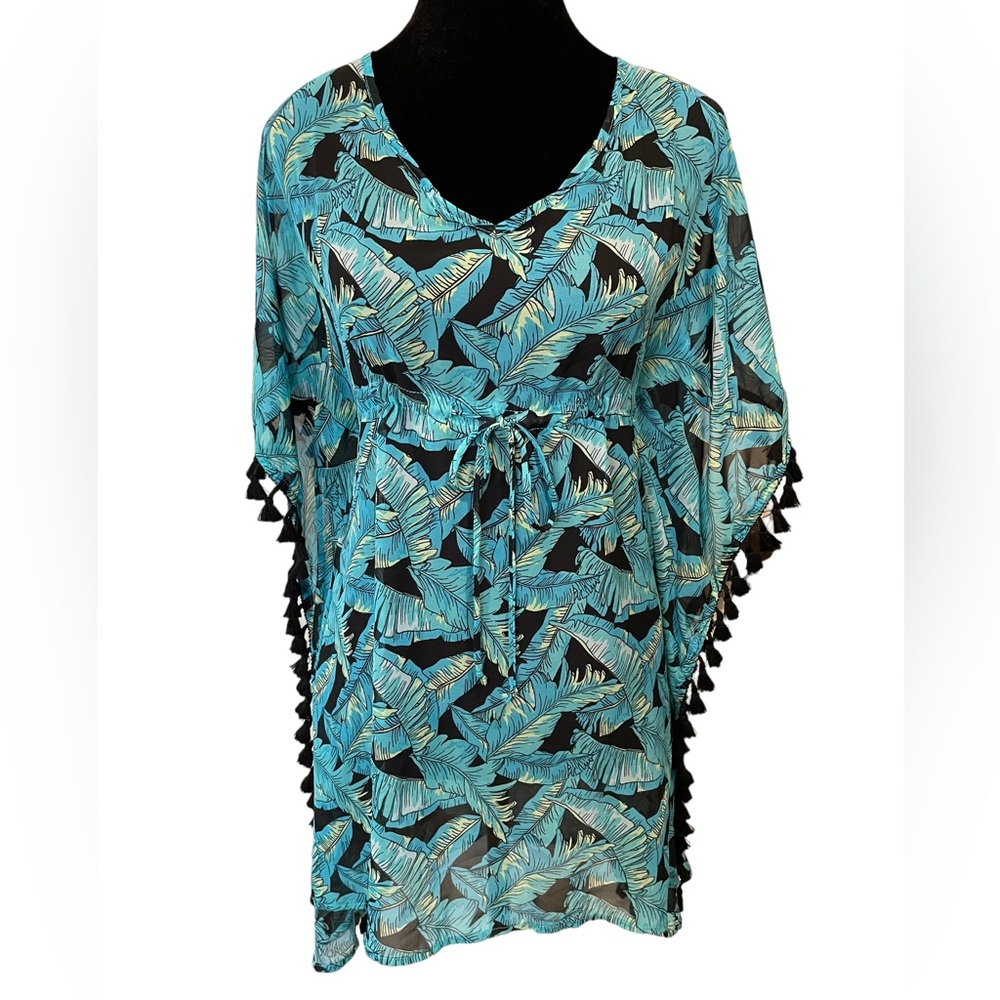 Miken Swim Blue Boho Hippie Tropical Feather Sheer Kaftan Swim Dress Coverup